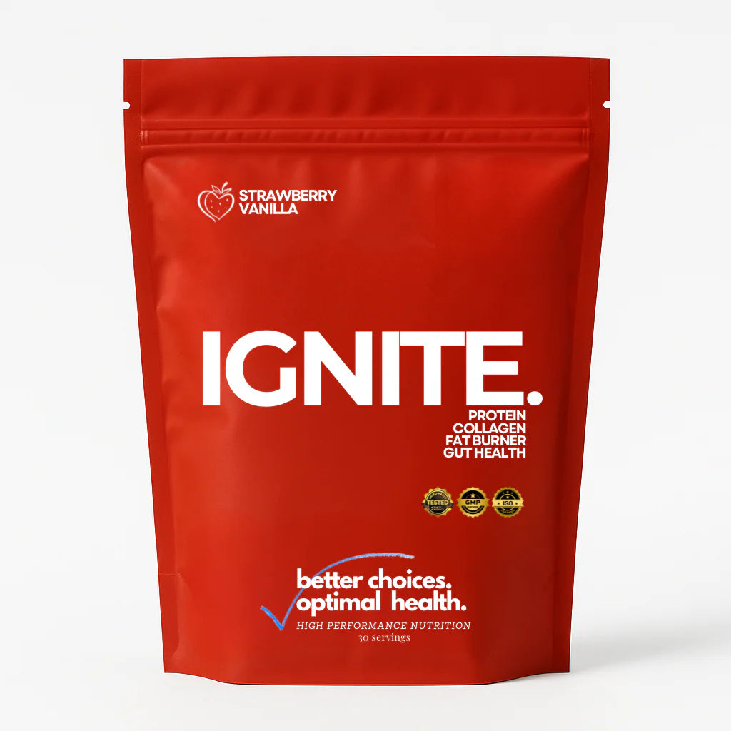 IGNITE: collagen peptides, protein isolates, balanced electrolytes, MCT's