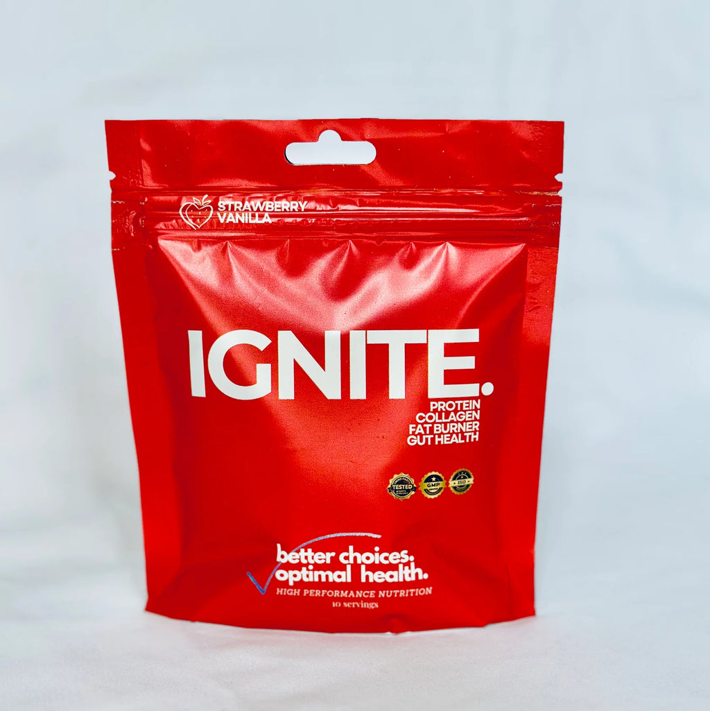 IGNITE: collagen peptides, protein isolates, balanced electrolytes, MCT's