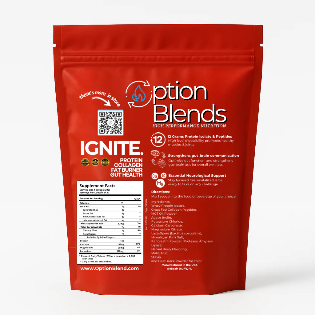 IGNITE: collagen peptides, protein isolates, balanced electrolytes, MCT's