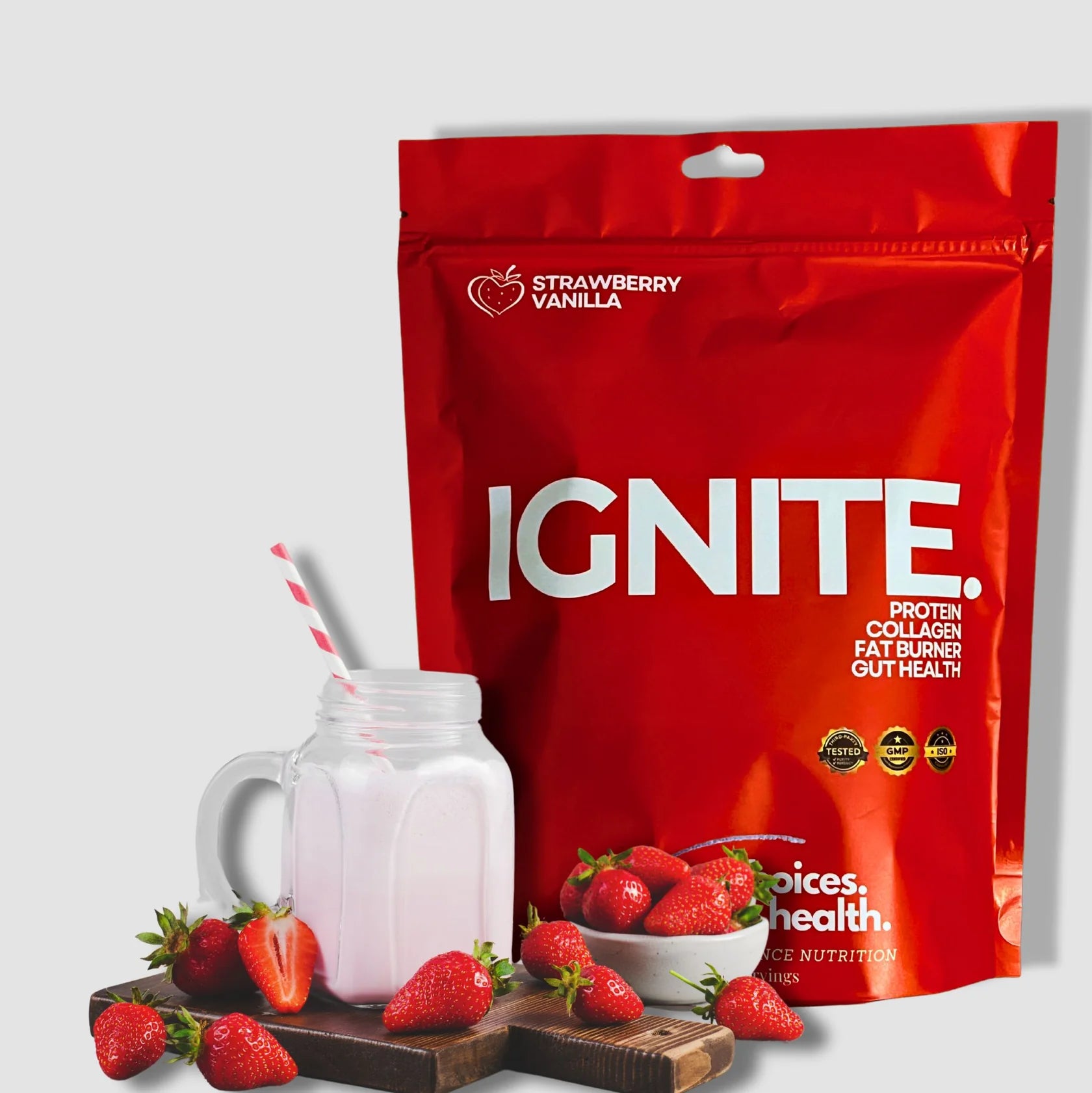 IGNITE: collagen peptides, protein isolates, balanced electrolytes, MCT's